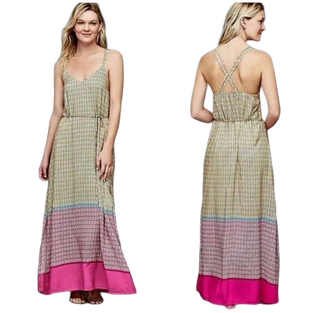 GAP Maxi Dress Tie Waist Sleeveless V-Neck Pockets Mixed Print Rayon Pink | Sz M